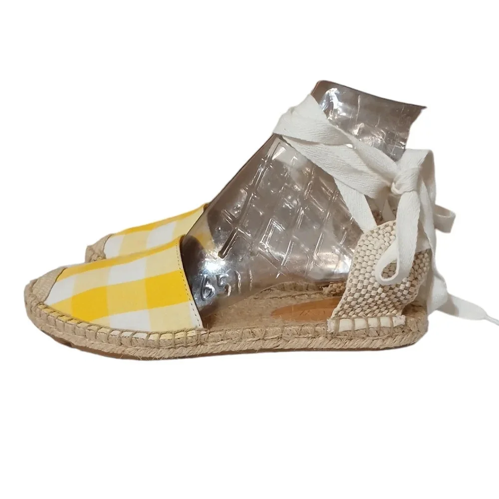 J CREW YELLOW AND WHITE GINGHAM LACE UP D'ORSAY ESPADRILLE SANDALS 6.5